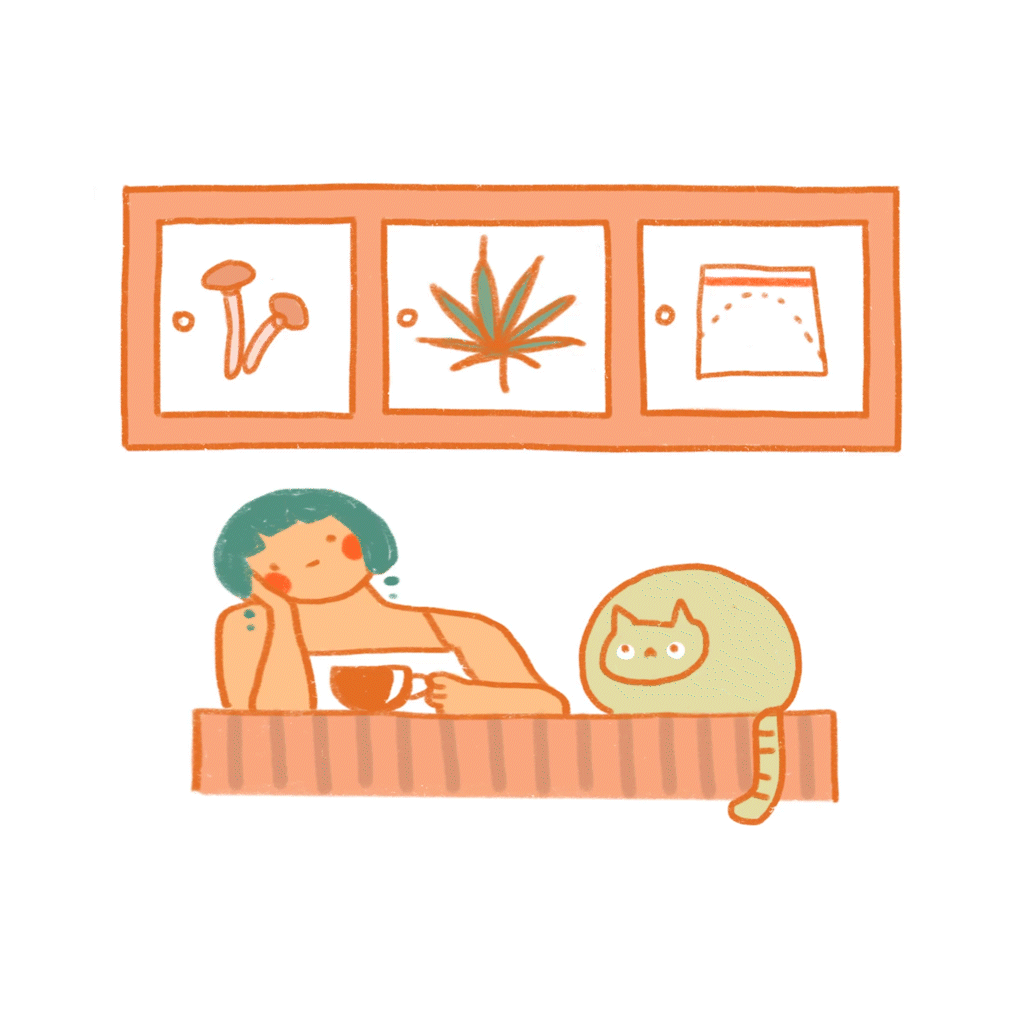 A woman is sitting in her kitchen with her cat, weed, shrooms, and cocaine.